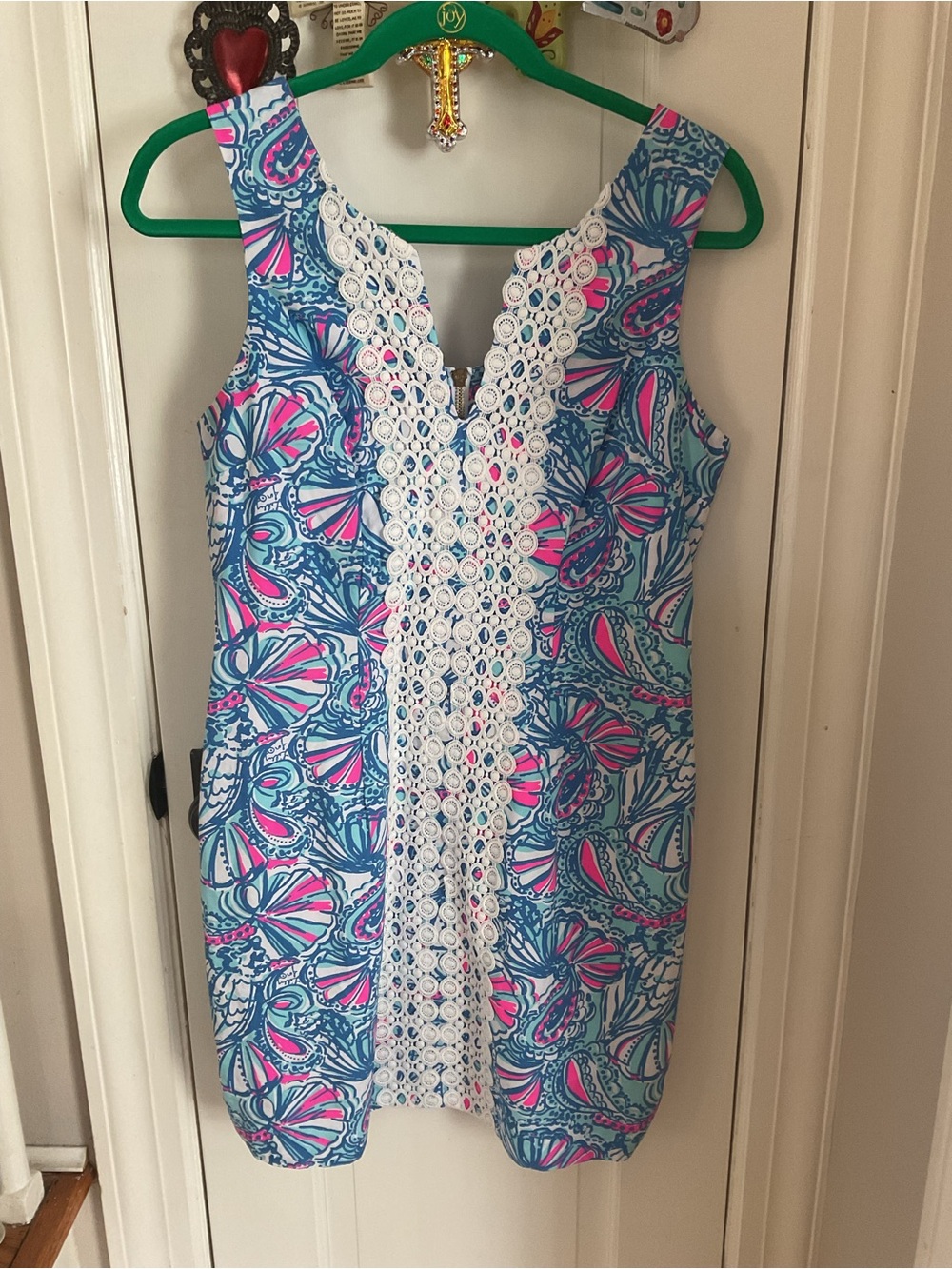 Lilly Pulitzer Sleeveless Printed Shift Dress with Lace Trim - Blue, Pink, White